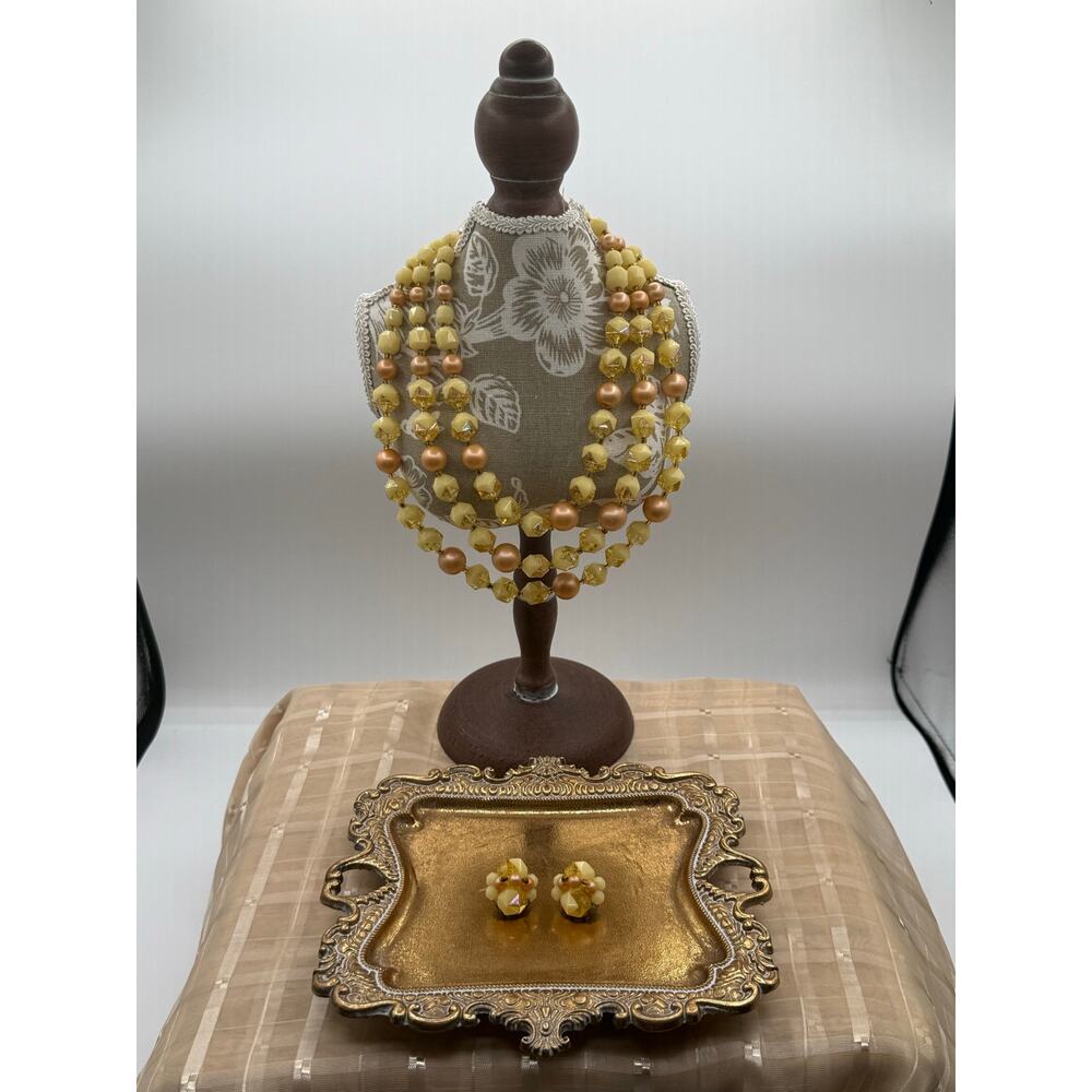 Vintage West Germany Yellow Lucite Aurora Borealis Bead Necklace/Earring Set-18”